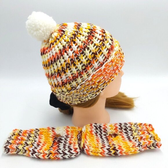 Handmade Loom Knit Fingerless Gloves Beanie Hat Toque Pompom Size Small Autumn - Picture 4 of 16